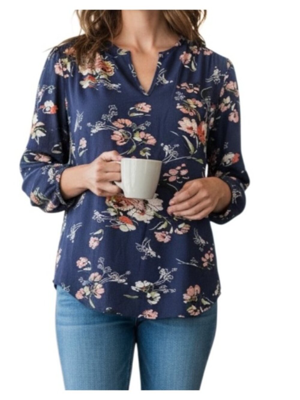 Fun2Fun Womens Floral Blouse~Size XS~Navy 3/4 Sleeve Top~Stitch Fix NWOT L12 35